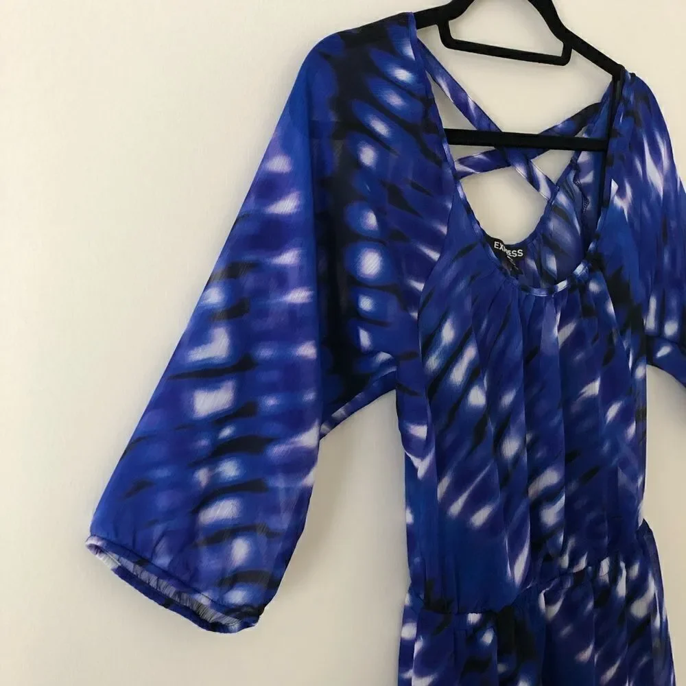 Express  Chiffon Elastic Waist Criss Cross Back Hi-Lo Mini Dress Size Medium - Picture 4 of 11